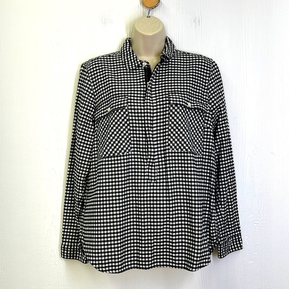 J Crew - Mercantile Black & White Gingham Plaid Half Zip Flannel Top Small - Picture 1 of 11